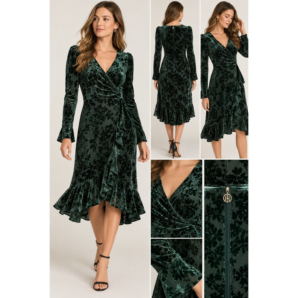 Tommy Hilfiger 2 Green Velvet Burnout Floral Dress NWT Ruffle Romantic Holiday